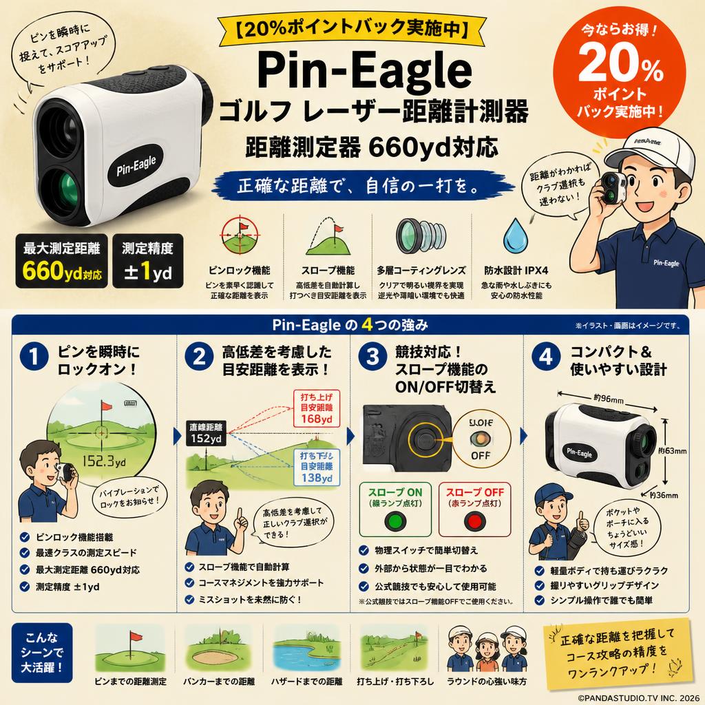 【20%ポイントバック実施中】Pin-Eagle ゴルフ レーザー距離計測器 距離測定器 660yd対応 概要