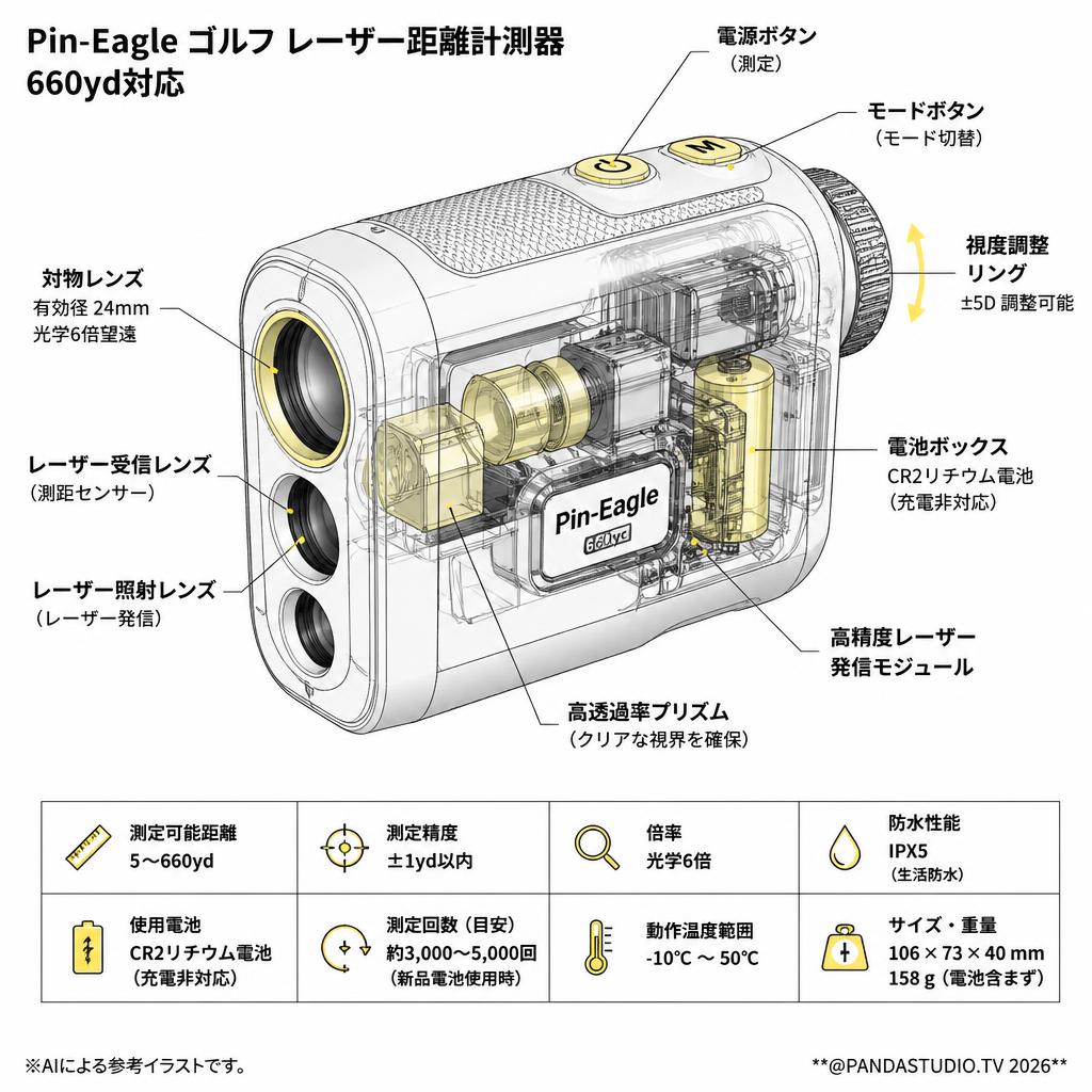 【20%ポイントバック実施中】Pin-Eagle ゴルフ レーザー距離計測器 距離測定器 660yd対応 スペック