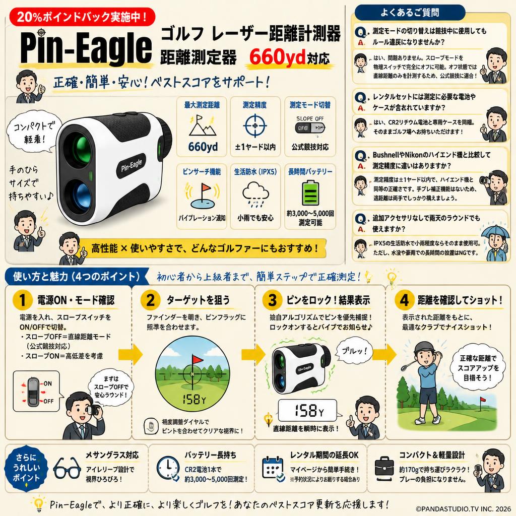 【20%ポイントバック実施中】Pin-Eagle ゴルフ レーザー距離計測器 距離測定器 660yd対応 FAQ（よくある質問と答え）