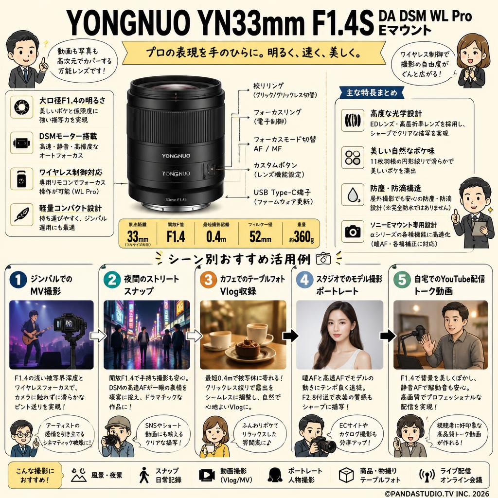 YONGNUO YN33mm F1.4S DA DSM WL Pro Eマウント 用途
