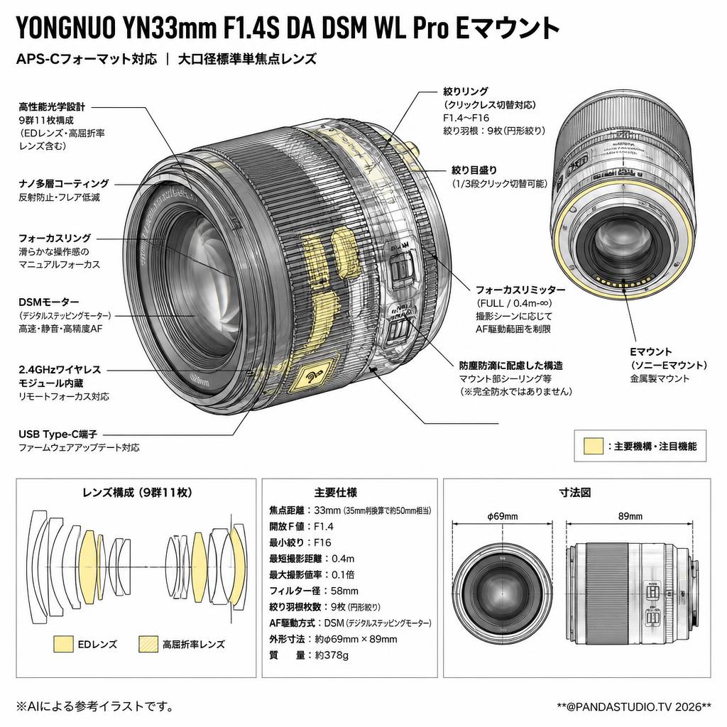 YONGNUO YN33mm F1.4S DA DSM WL Pro Eマウント スペック