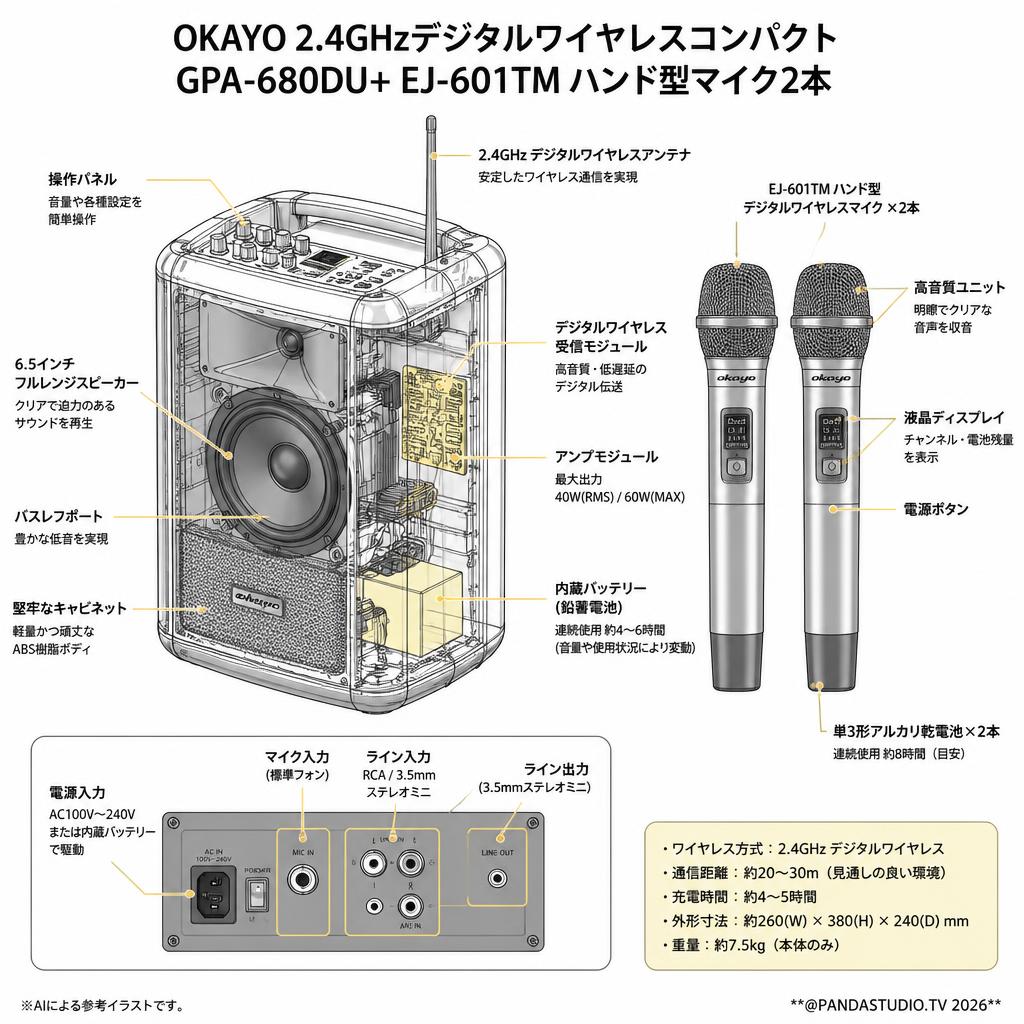 OKAYO 2.4GHzデジタルワイヤレスコンパクト GPA-680DU+ EJ-601TM ハンド型マイク2本 スペック