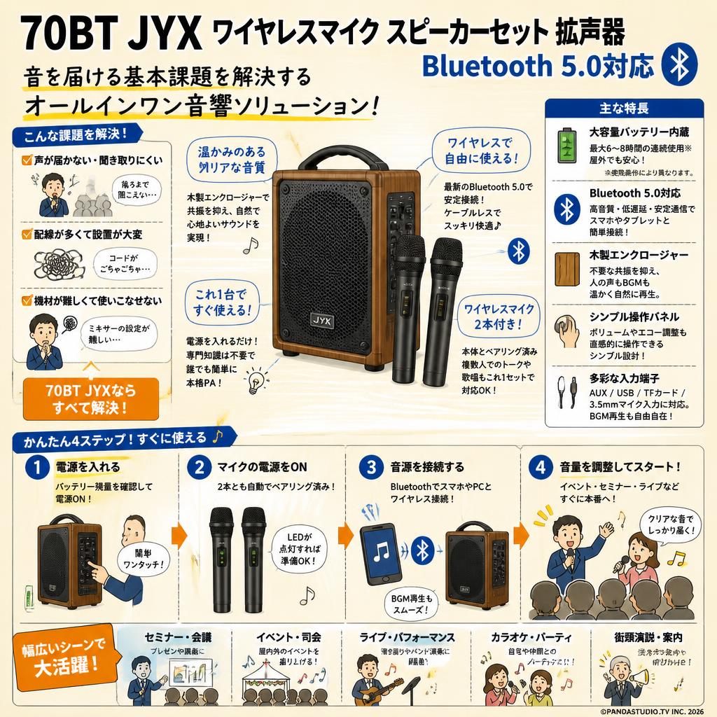 70BT JYX ワイヤレスマイク スピーカーセット 拡声器 Bluetooth 5.0対応 概要