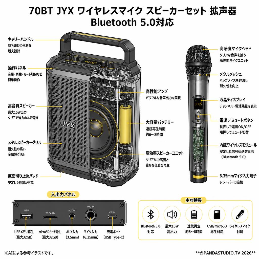 70BT JYX ワイヤレスマイク スピーカーセット 拡声器 Bluetooth 5.0対応 スペック
