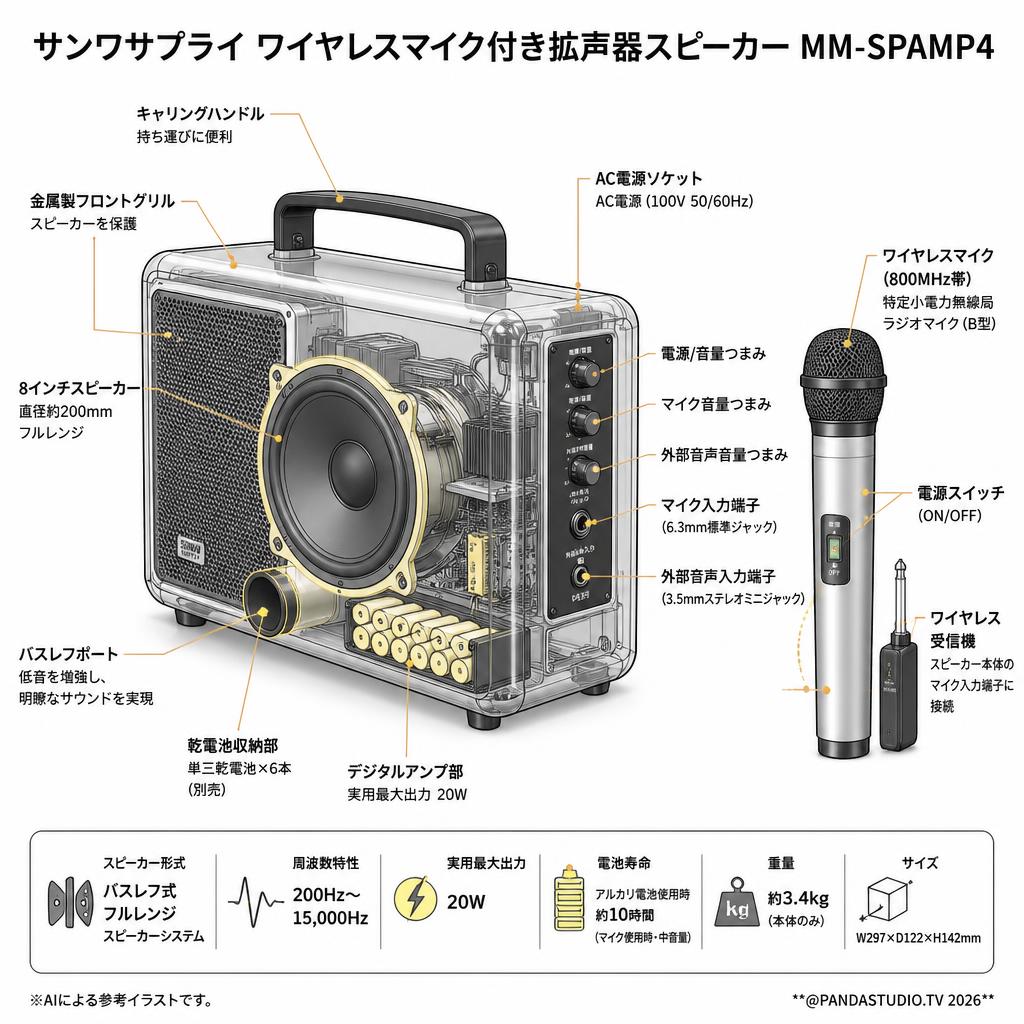 サンワサプライ ワイヤレスマイク付き拡声器スピーカー MM-SPAMP4 スペック