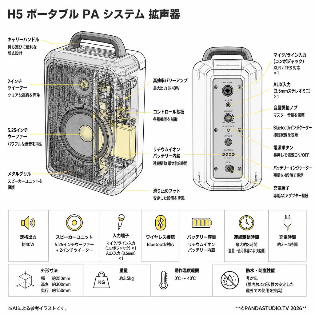 H5 ポータブル PA システム 拡声器 スペック