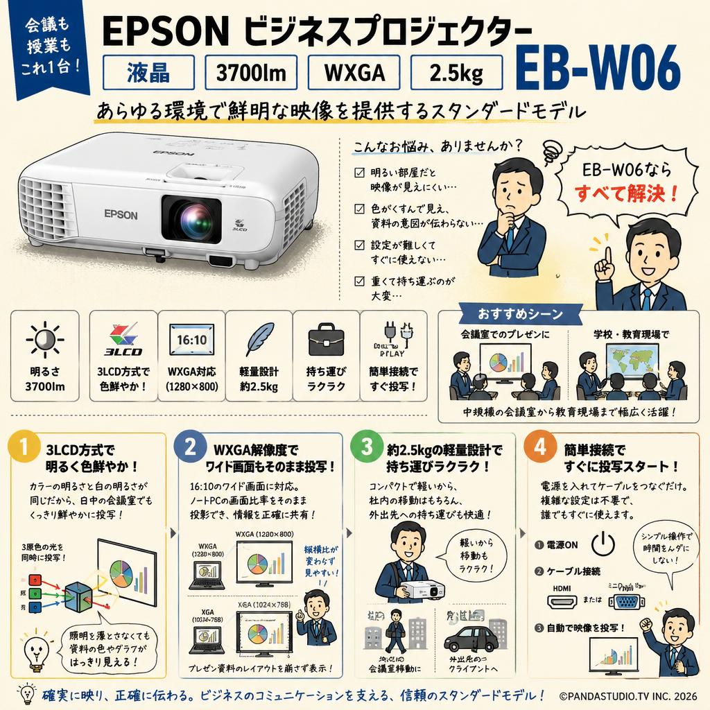 EPSON ビジネスプロジェクター 液晶 3700lm WXGA 2.5kg  EB-W06 概要