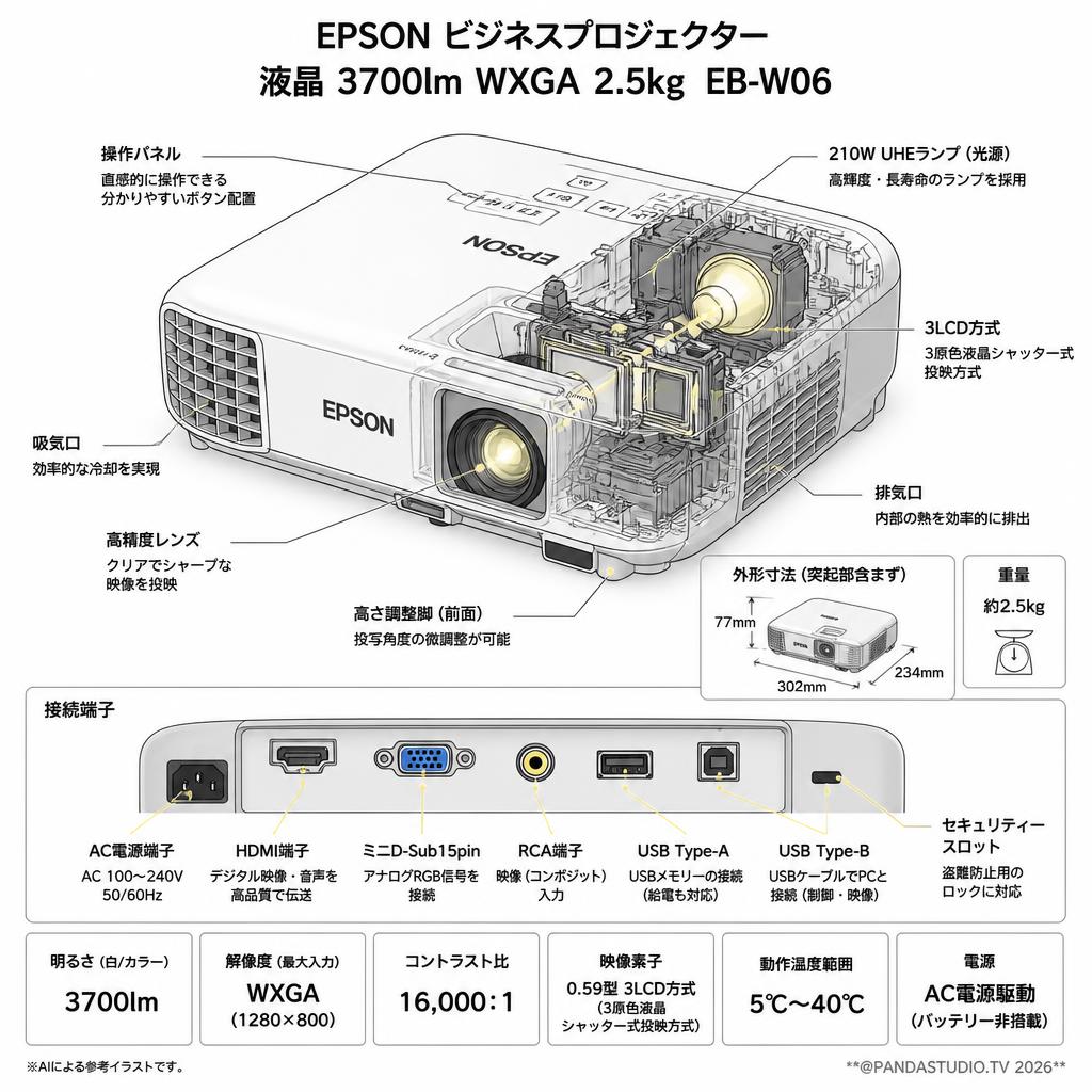 EPSON ビジネスプロジェクター 液晶 3700lm WXGA 2.5kg  EB-W06 スペック