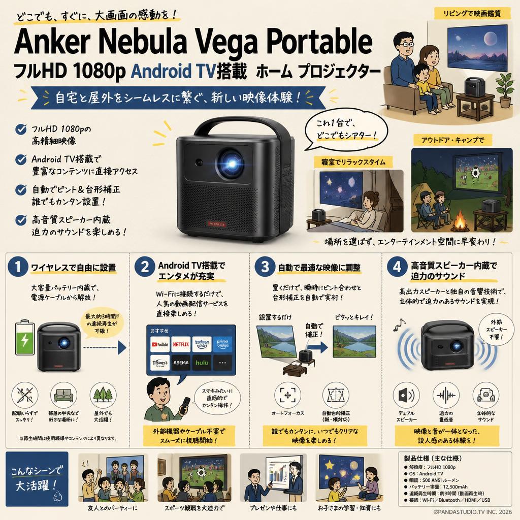 Anker Nebula Vega Portable フルHD 1080p Android TV搭載 ホーム プロジェクター 概要