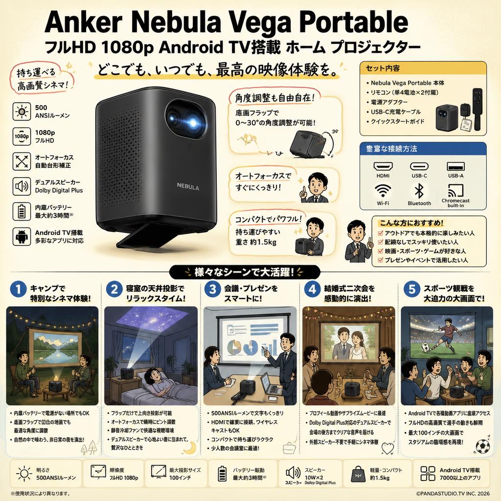 Anker Nebula Vega Portable フルHD 1080p Android TV搭載 ホーム プロジェクター 用途