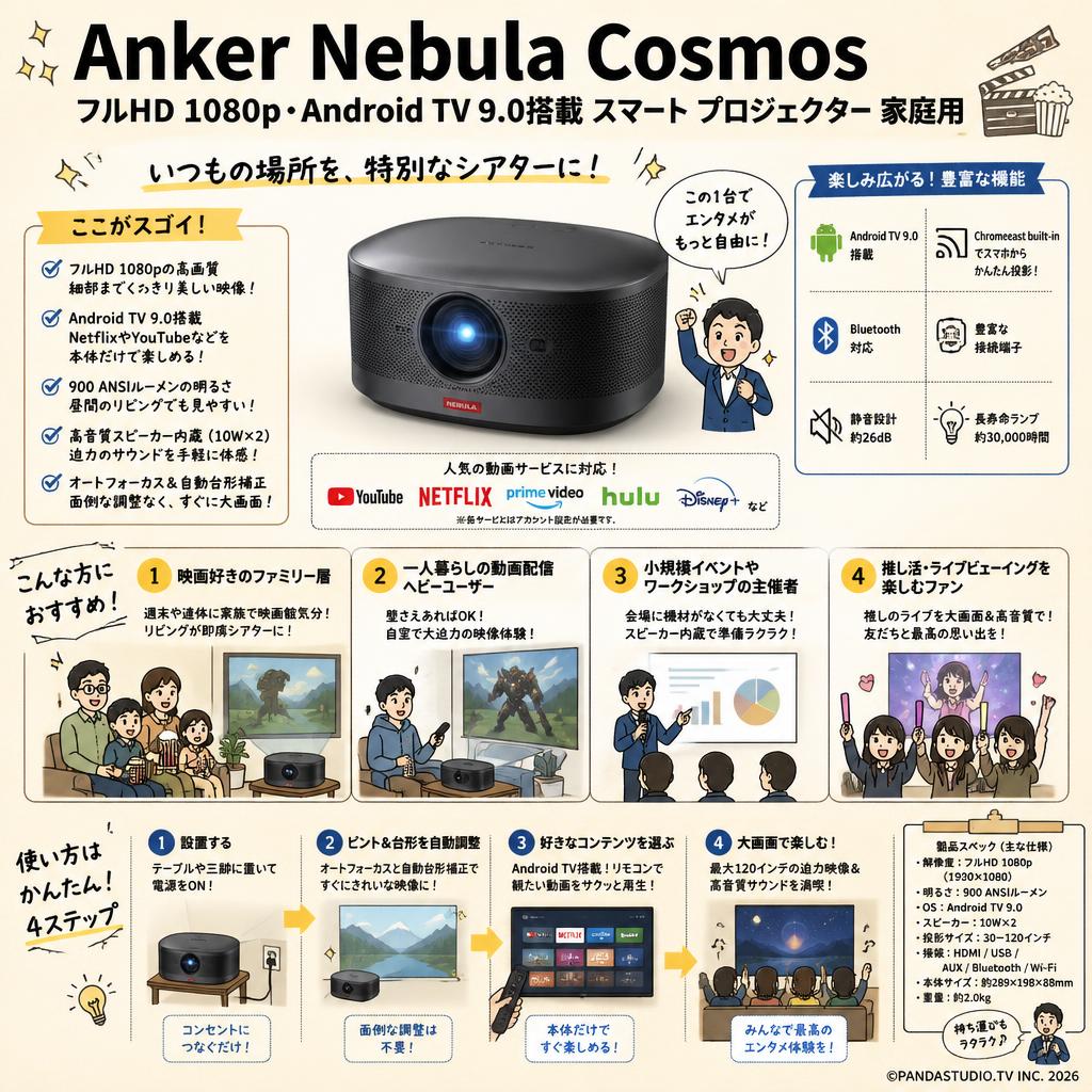Anker Nebula CosmosフルHD 1080p Android TV9.0搭載 スマート プロジェクター 家庭用 おもな対象のお客様