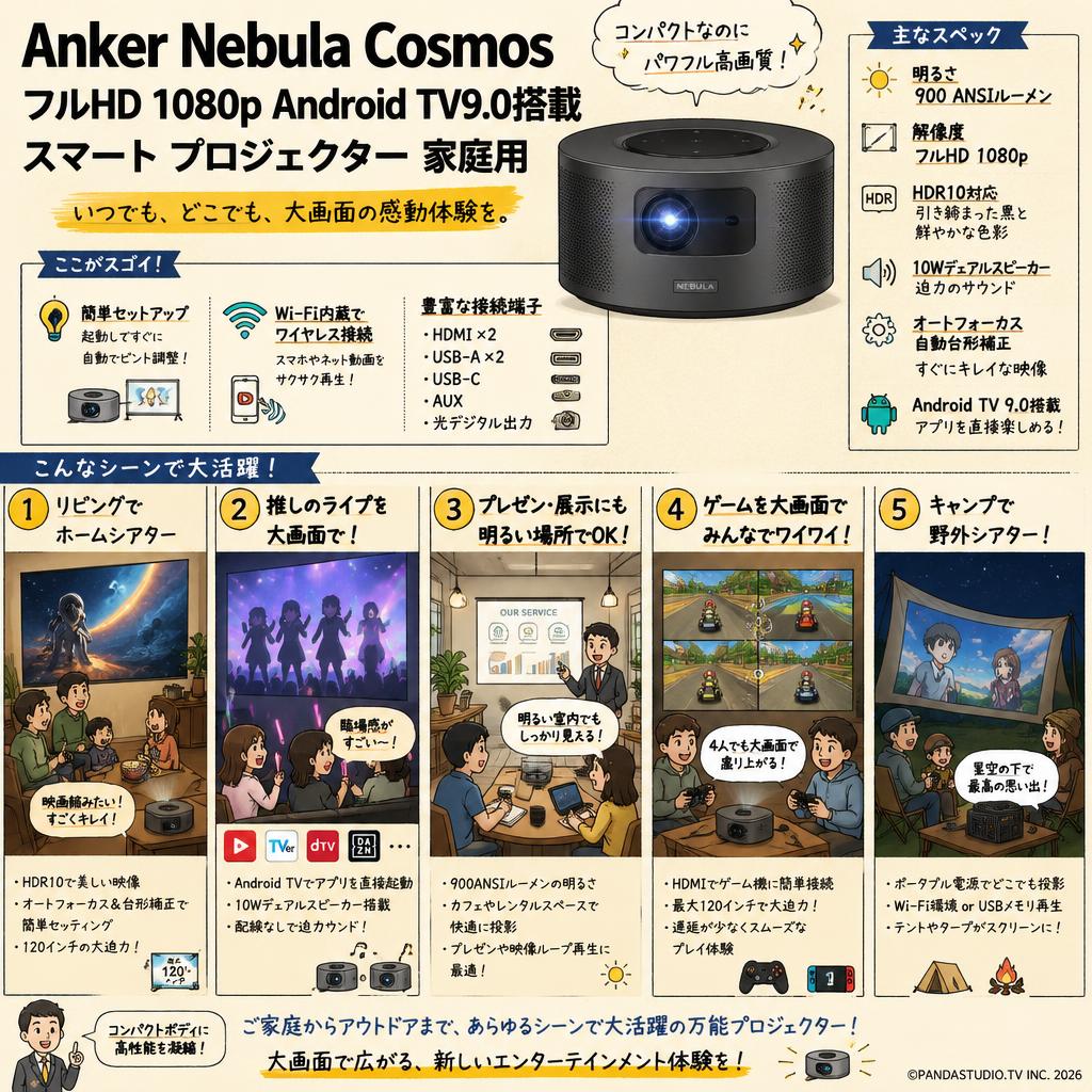 Anker Nebula CosmosフルHD 1080p Android TV9.0搭載 スマート プロジェクター 家庭用 用途