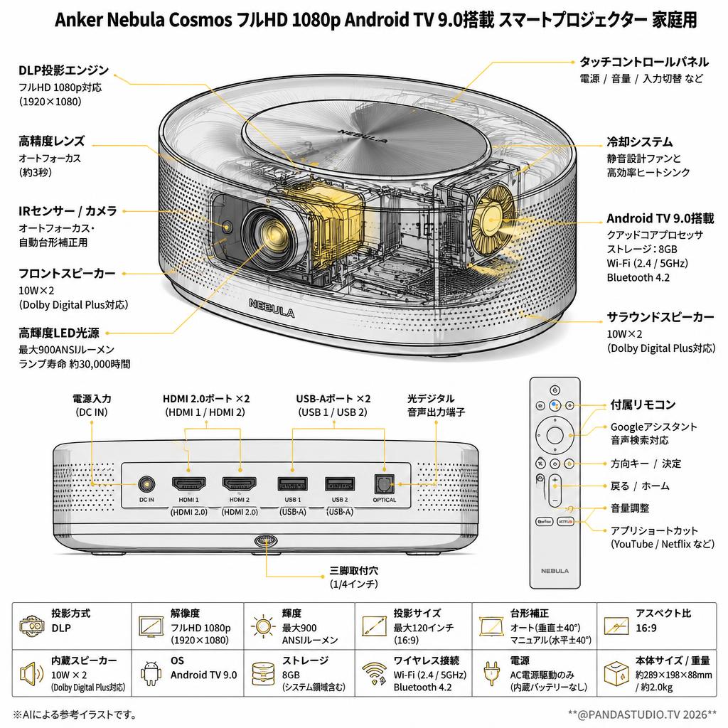 Anker Nebula CosmosフルHD 1080p Android TV9.0搭載 スマート プロジェクター 家庭用 スペック