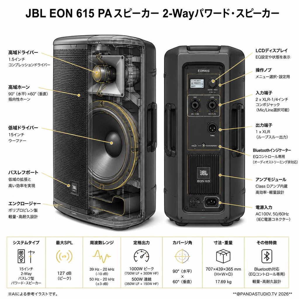JBL EON 615 PAスピーカー 2-Wayパワード・スピーカー スペック