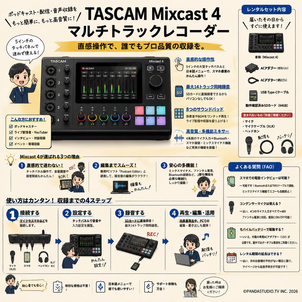 TASCAM Mixcast 4 マルチトラックレコーダー FAQ（よくある質問と答え）