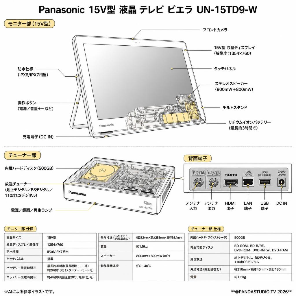 Panasonic 15V型 液晶 テレビ ビエラ UN-15TD9-W スペック