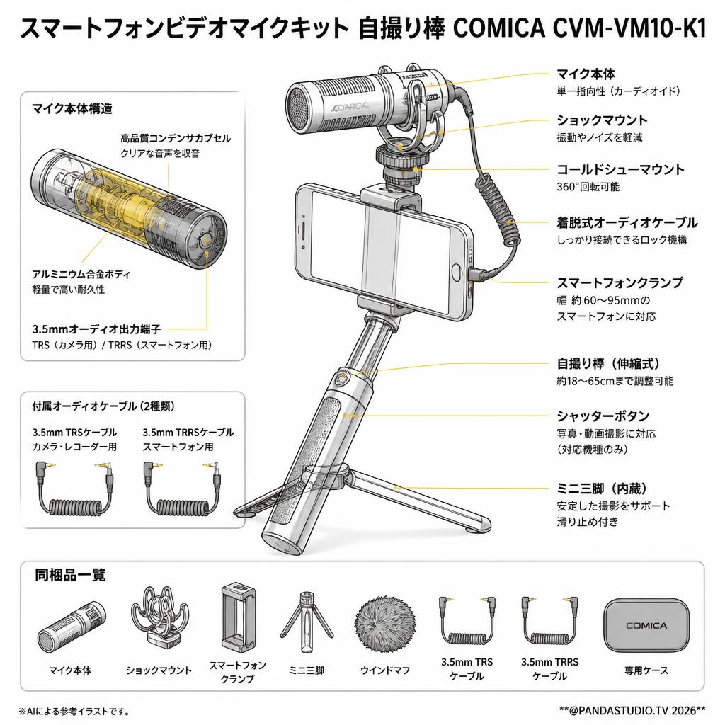 スマートフォンビデオマイクキット自撮り棒COMICA CVM-VM10-K1 スペック