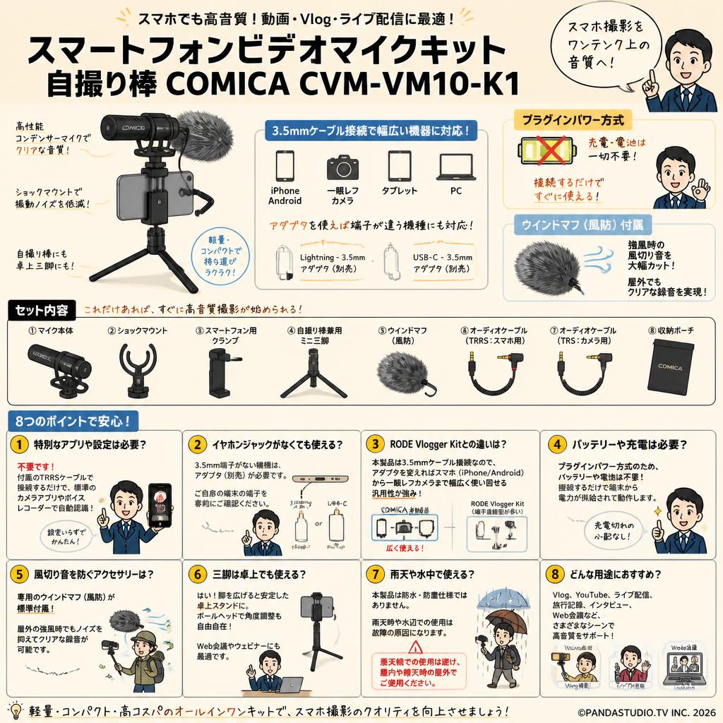 スマートフォンビデオマイクキット自撮り棒COMICA CVM-VM10-K1 FAQ（よくある質問と答え）