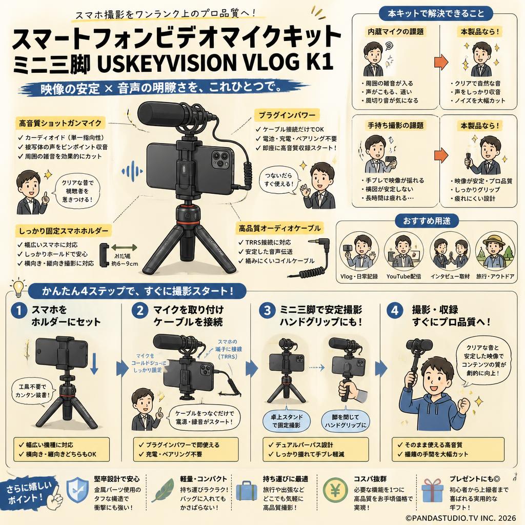 スマートフォンビデオマイクキットミニ三脚 USKEYVISION VLOG K1 概要