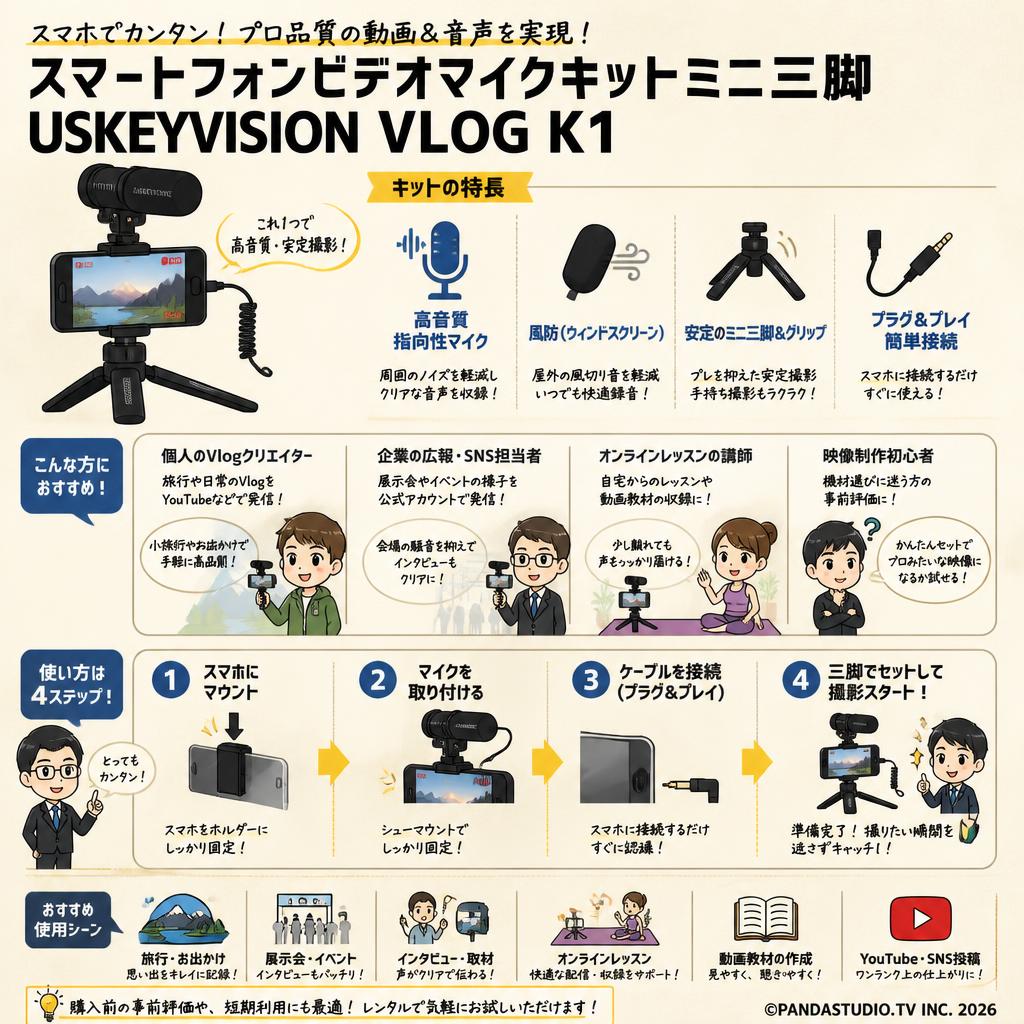 スマートフォンビデオマイクキットミニ三脚 USKEYVISION VLOG K1 おもな対象のお客様