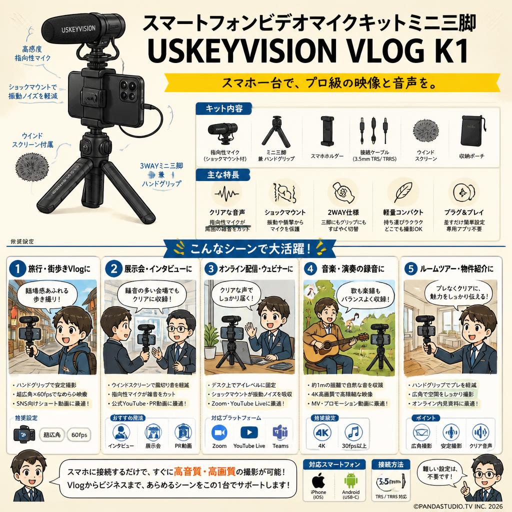 スマートフォンビデオマイクキットミニ三脚 USKEYVISION VLOG K1 用途