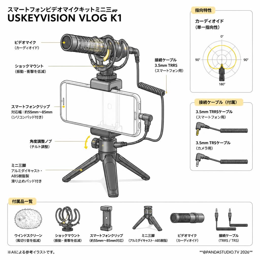 スマートフォンビデオマイクキットミニ三脚 USKEYVISION VLOG K1 スペック