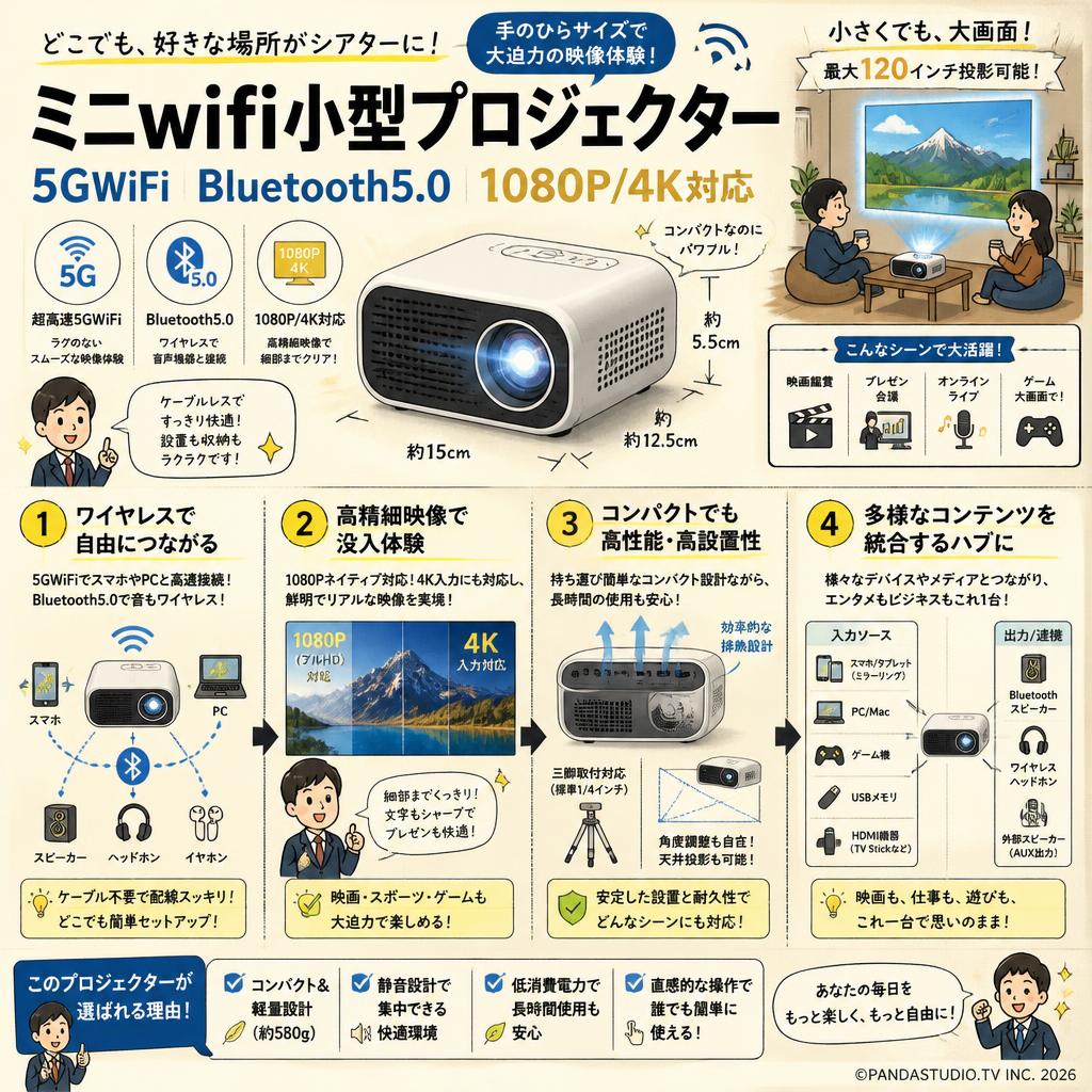 ミニwifi小型プロジェクター5GWiFi Bluetooth5.0 1080P/4K対応 概要
