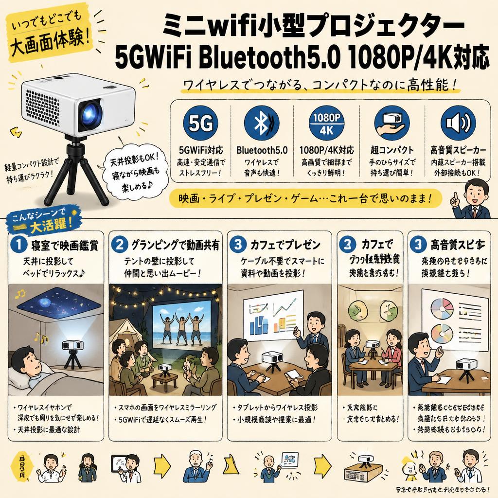 ミニwifi小型プロジェクター5GWiFi Bluetooth5.0 1080P/4K対応 用途