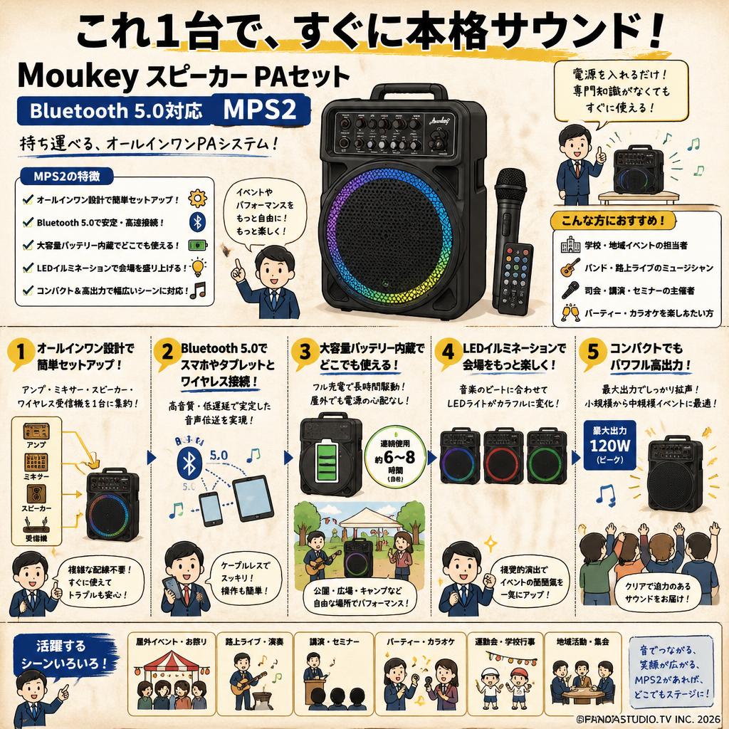 Moukey スピーカー PAセット Bluetooth 5.0対応 MPS2 概要