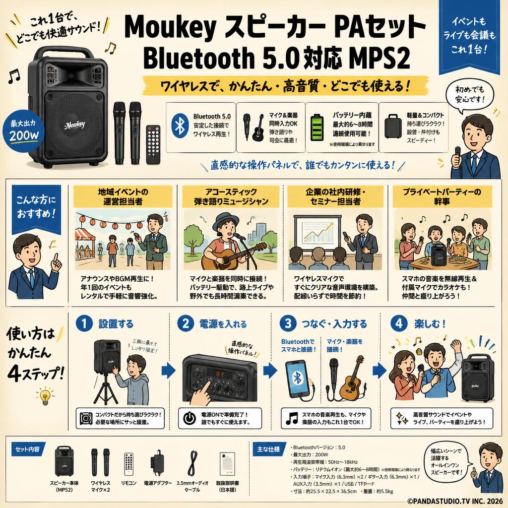 Moukey スピーカー PAセット Bluetooth 5.0対応 MPS2 おもな対象のお客様