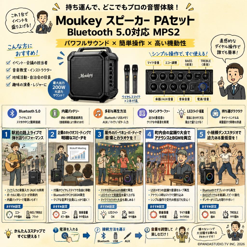 Moukey スピーカー PAセット Bluetooth 5.0対応 MPS2 用途