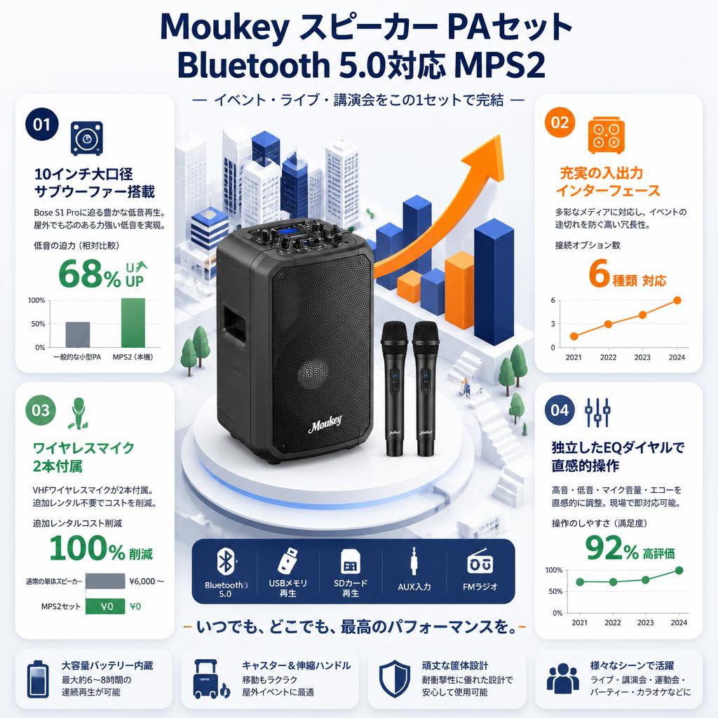 Moukey スピーカー PAセット Bluetooth 5.0対応 MPS2 セールスポイント
