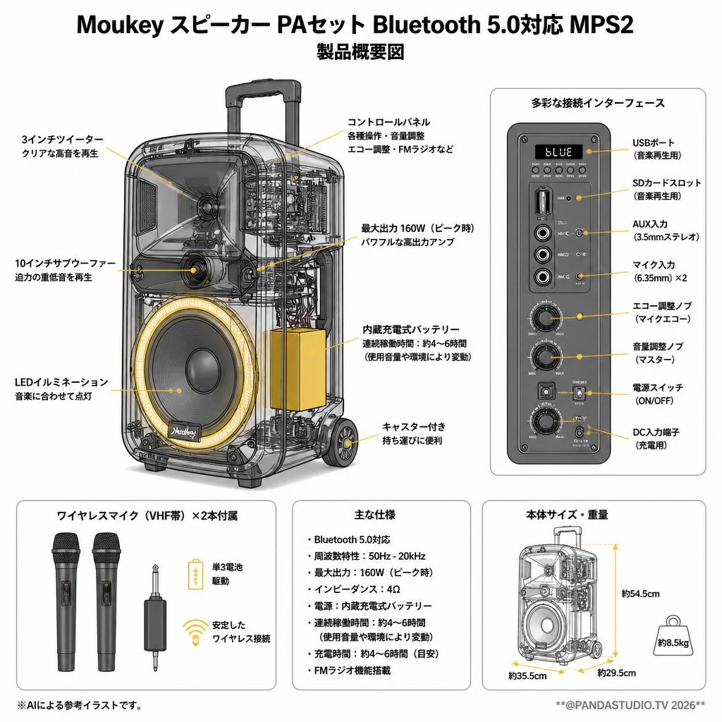 Moukey スピーカー PAセット Bluetooth 5.0対応 MPS2 スペック