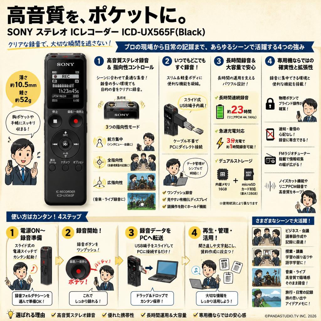 SONY ステレオ ICレコーダーICD-UX565F(Black) | パンダスタジオ