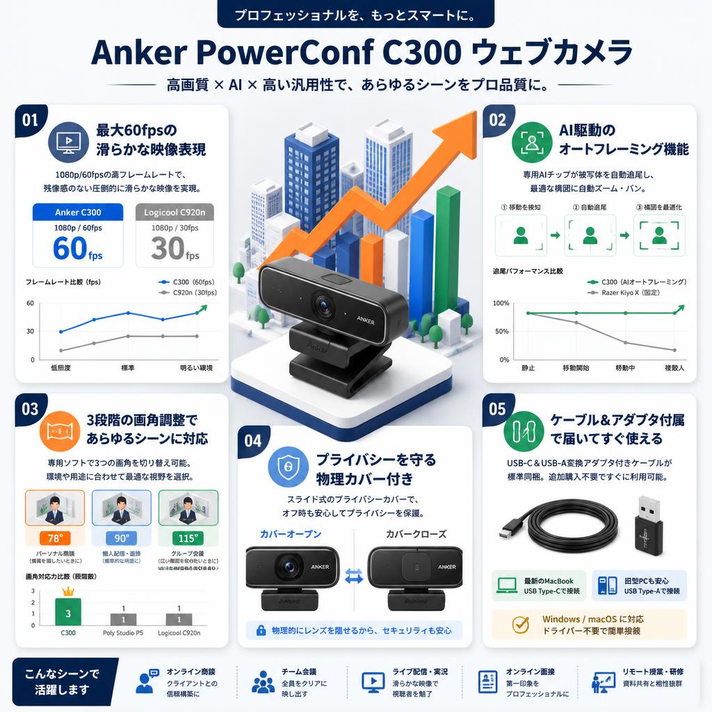 Anker PowerConf C300 ウェブカメラ セールスポイント