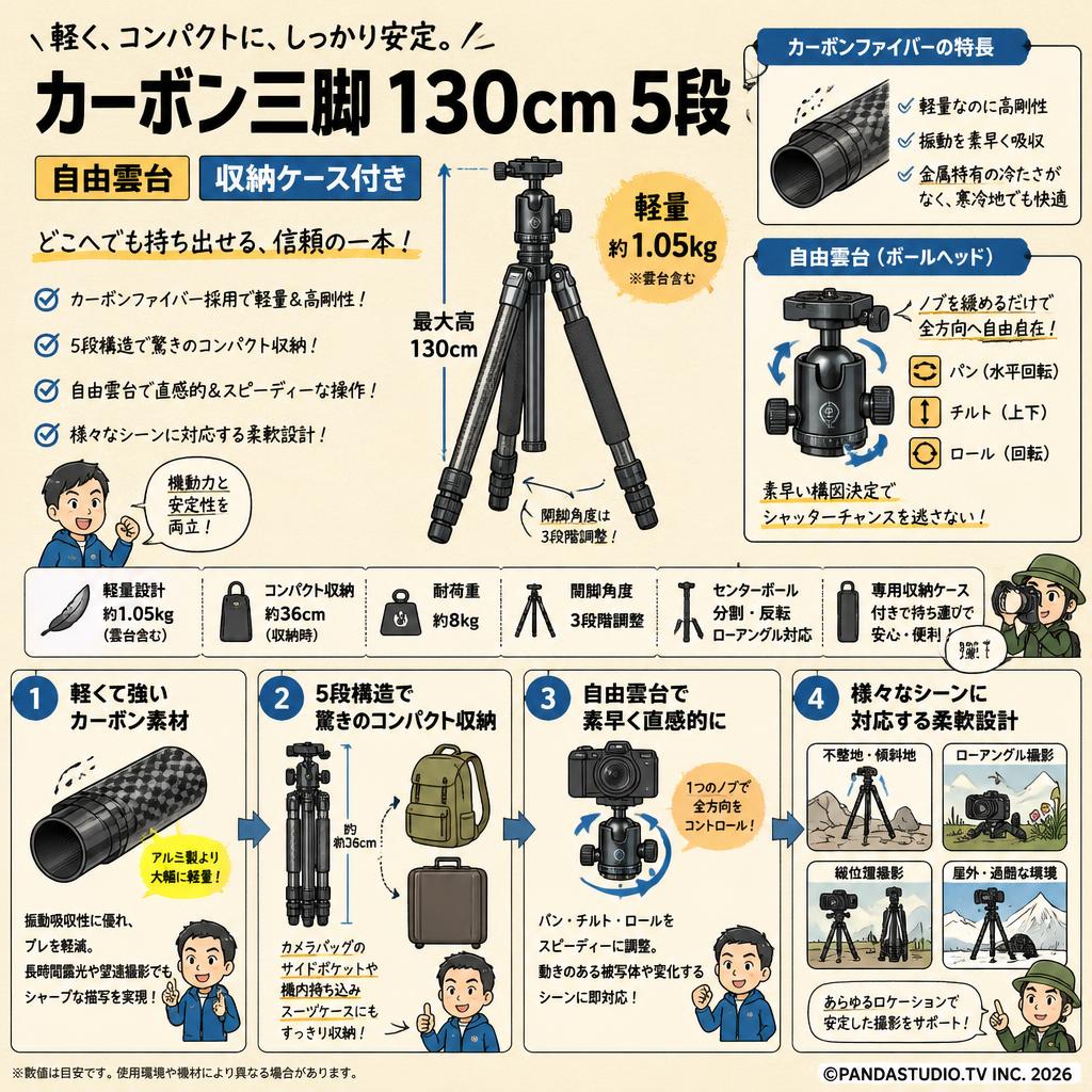 カーボン三脚 130cm 5段 自由雲台 収納ケース付き 概要