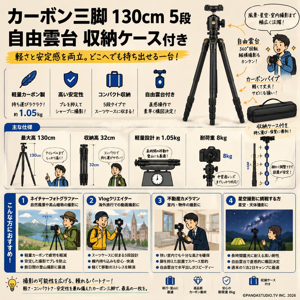 カーボン三脚 130cm 5段 自由雲台 収納ケース付き おもな対象のお客様