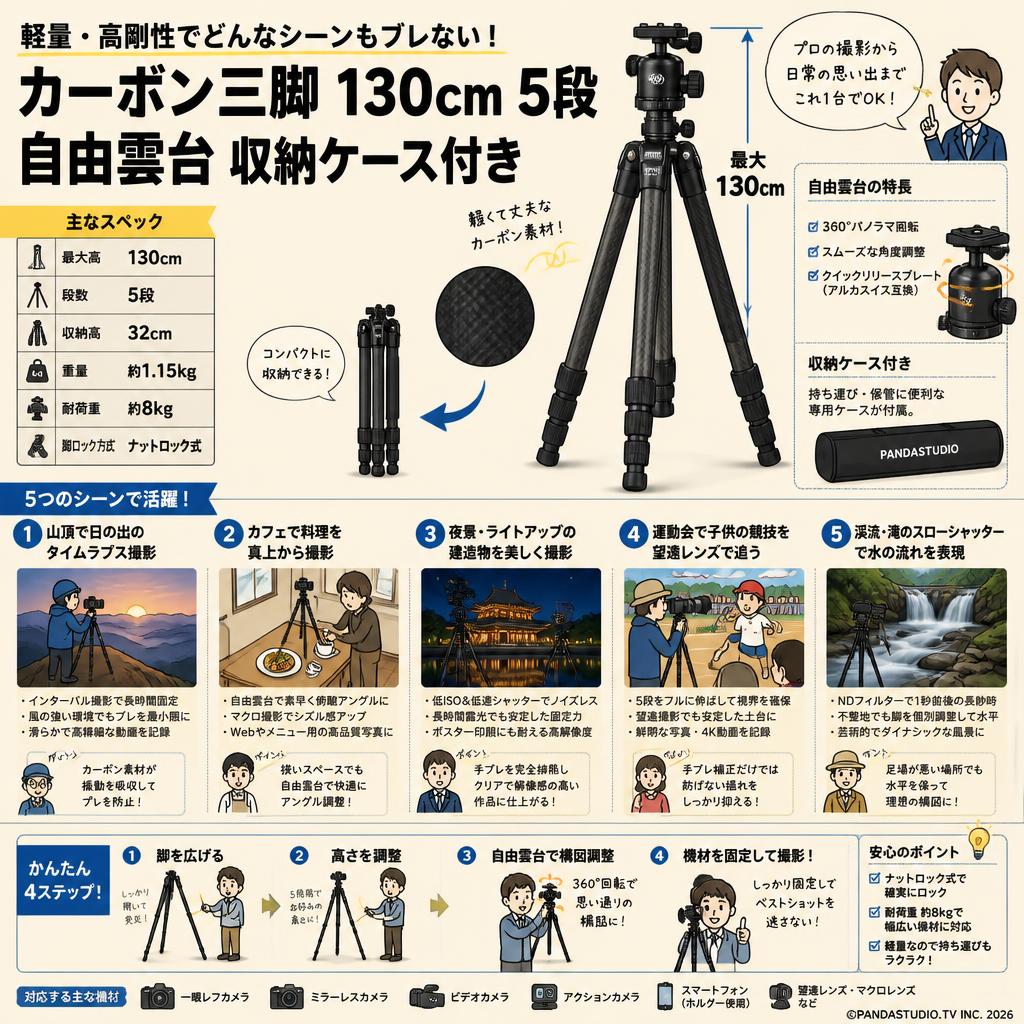 カーボン三脚 130cm 5段 自由雲台 収納ケース付き 用途