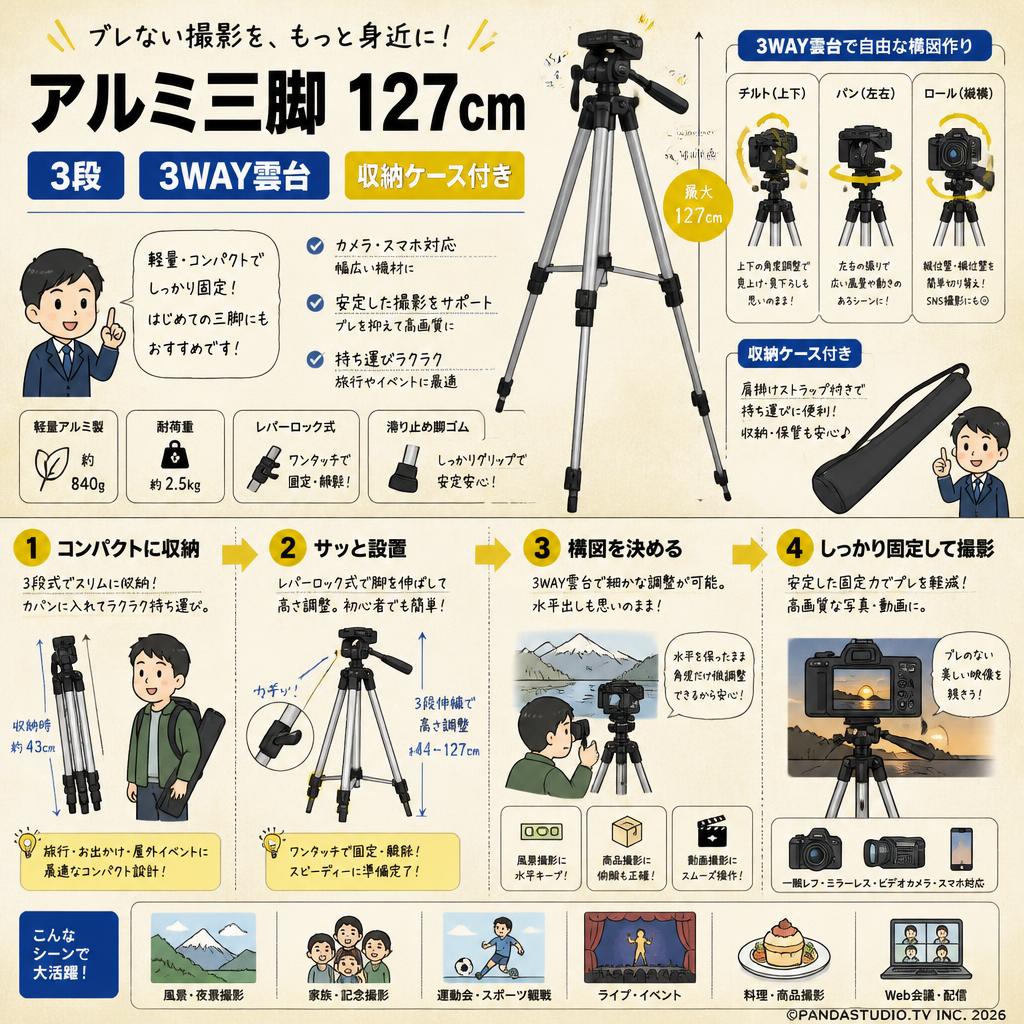 アルミ三脚 127cm 3段 3WAY雲台 収納ケース付き 概要