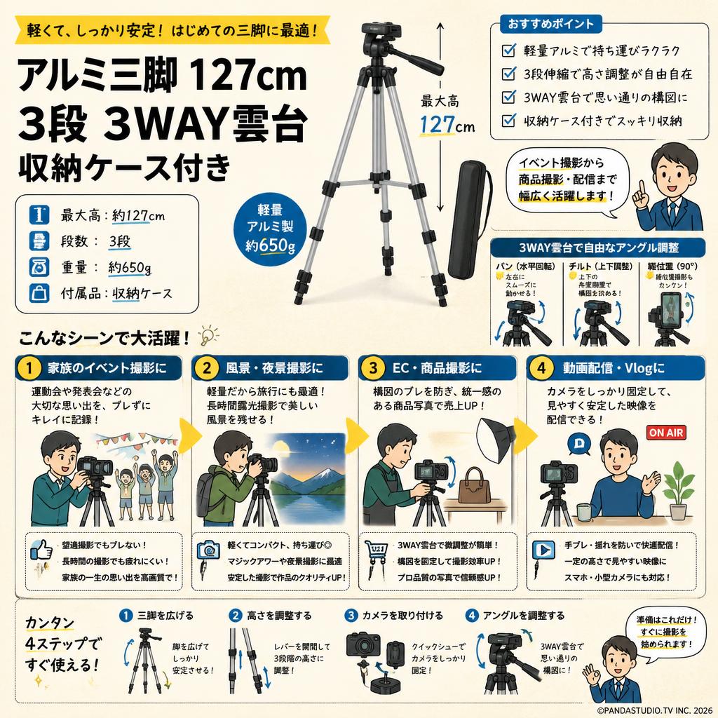 アルミ三脚 127cm 3段 3WAY雲台 収納ケース付き おもな対象のお客様