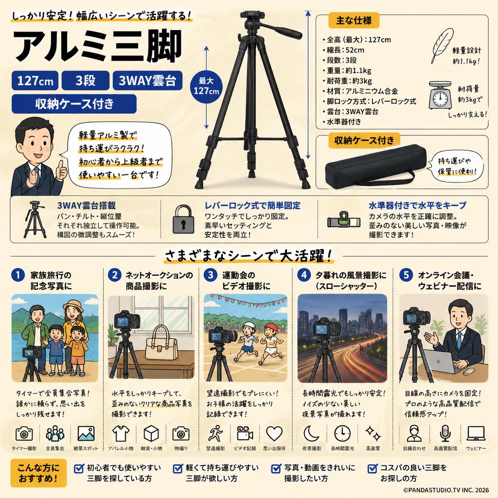 アルミ三脚 127cm 3段 3WAY雲台 収納ケース付き 用途