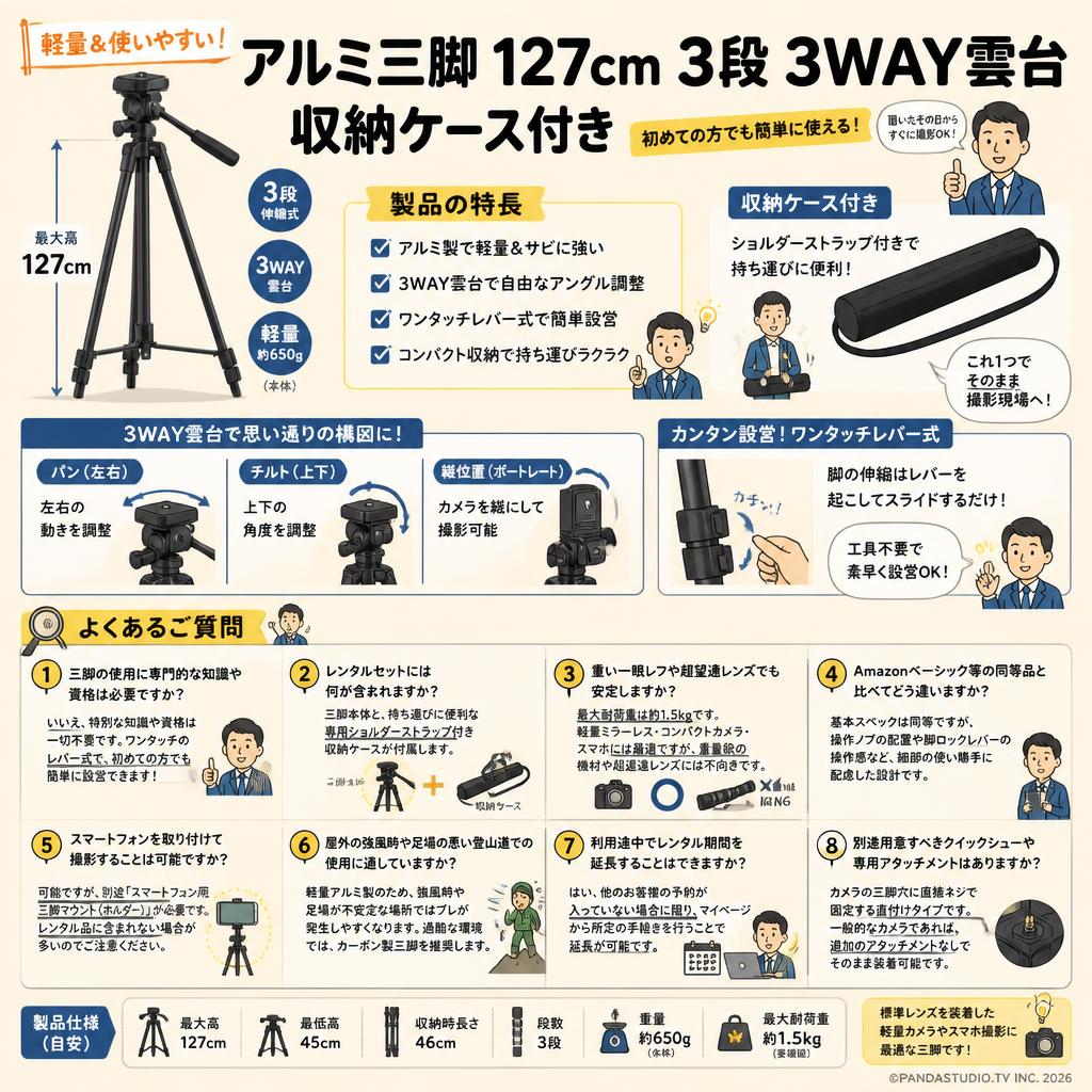 アルミ三脚 127cm 3段 3WAY雲台 収納ケース付き FAQ（よくある質問と答え）