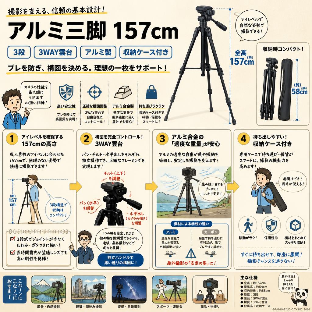 アルミ三脚 157cm 3段 3WAY雲台 収納ケース付き 概要
