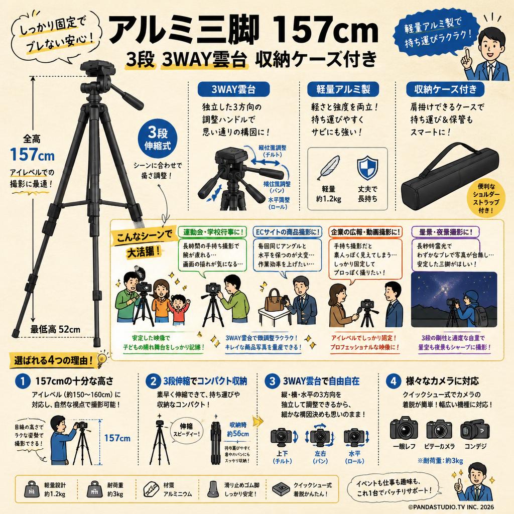 アルミ三脚 157cm 3段 3WAY雲台 収納ケース付き おもな対象のお客様