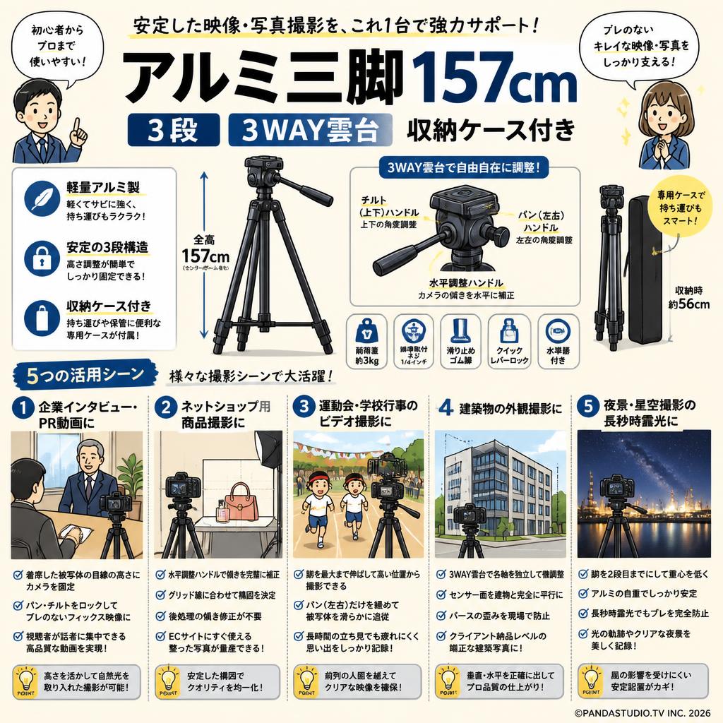 アルミ三脚 157cm 3段 3WAY雲台 収納ケース付き 用途