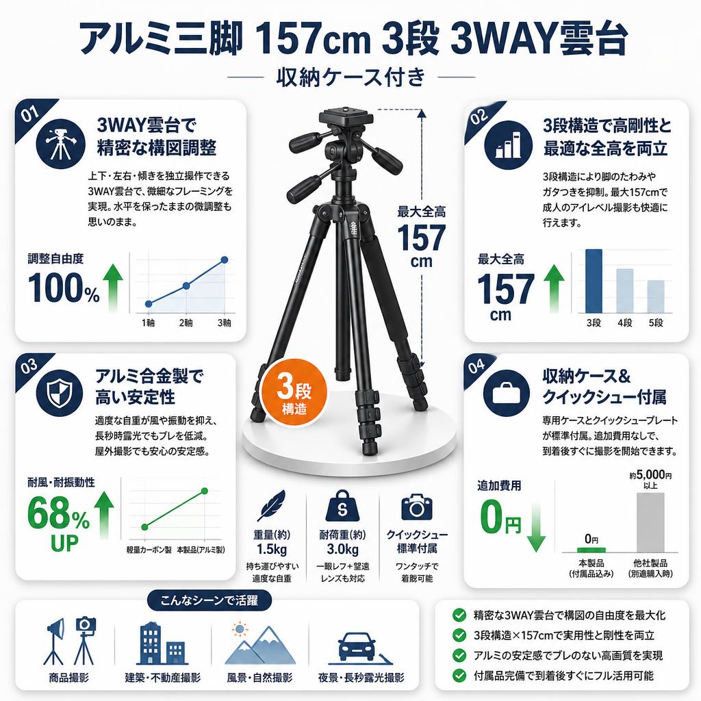 アルミ三脚 157cm 3段 3WAY雲台 収納ケース付き セールスポイント