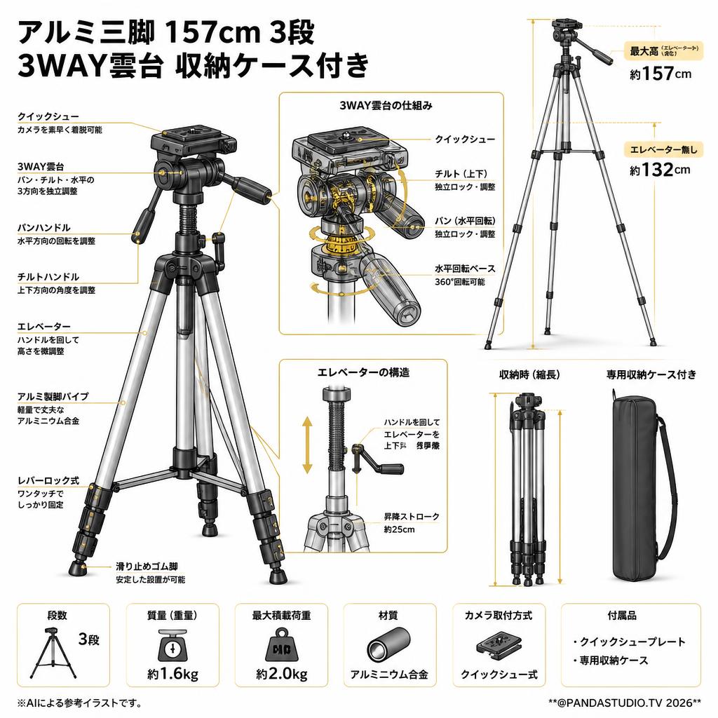 アルミ三脚 157cm 3段 3WAY雲台 収納ケース付き スペック