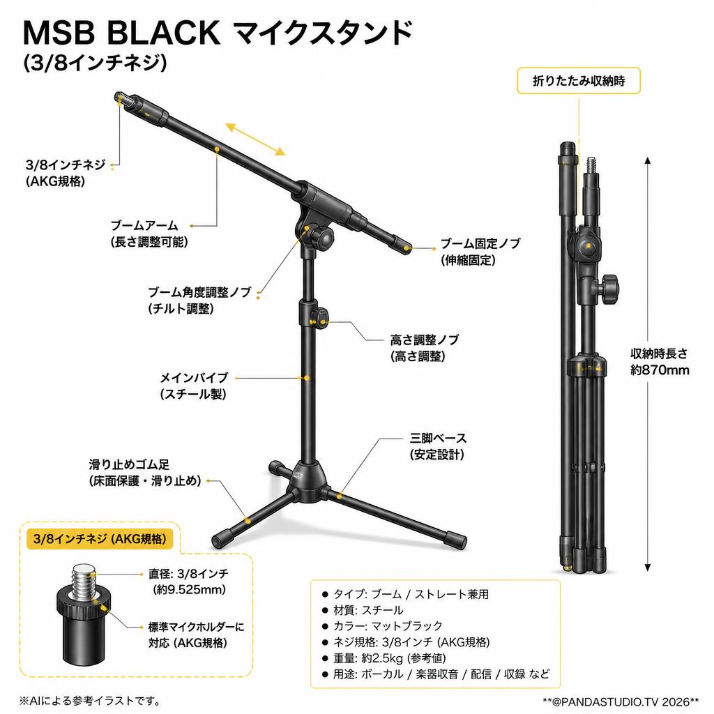 MSB BLACK マイクスタンド(3/8インチネジ) スペック