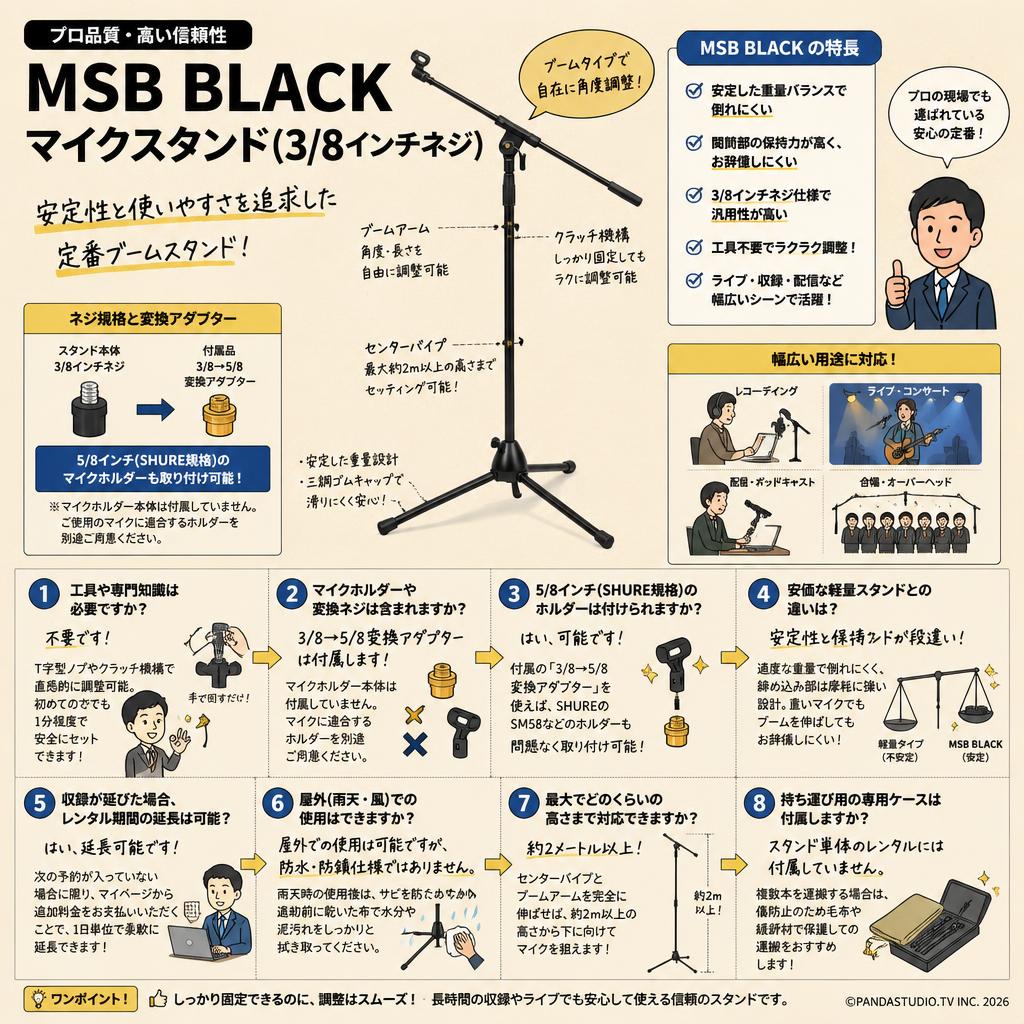 MSB BLACK マイクスタンド(3/8インチネジ) FAQ（よくある質問と答え）