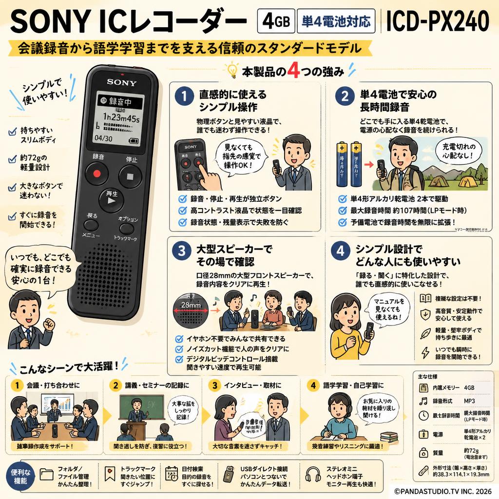 SONY ICレコーダー 4GB 単4電池対応 ICD-PX240 概要